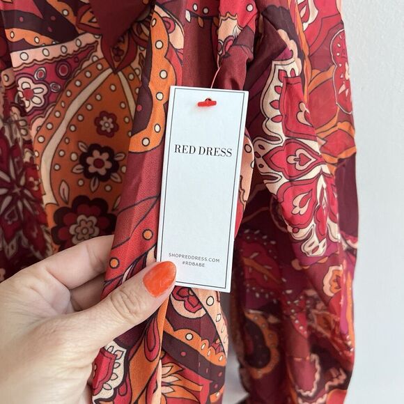 AURA Red Paisley Blouse Tie Neck Flowy Balloon Sleeves Top Large Women’s NWT - Picture 2 of 9